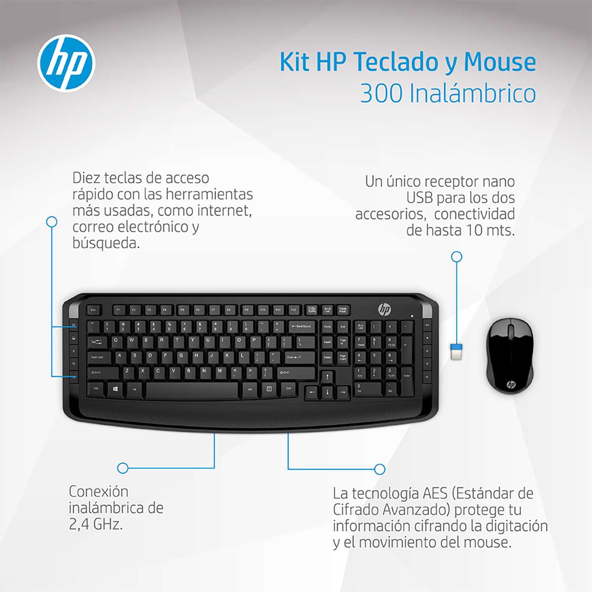 Combo HP 300 Teclado Mouse Inalámbricos GERBIO